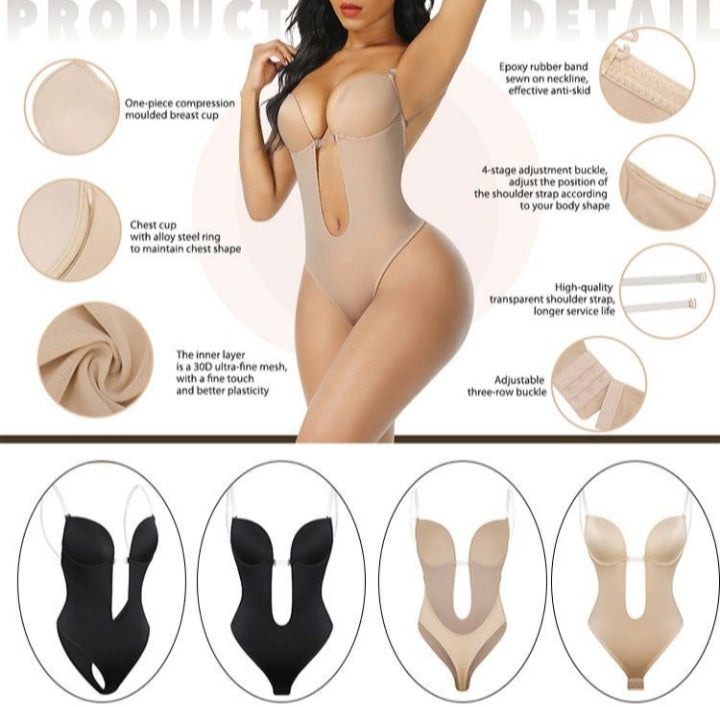 U Plunge Bra Backless Thong Bodysuit-Seamless