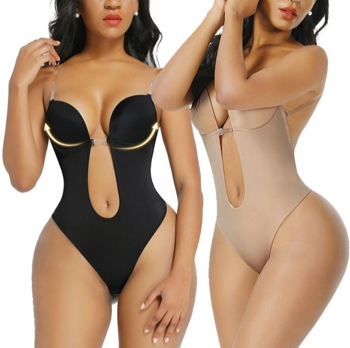 U Plunge Bra Backless Thong Bodysuit-Seamless